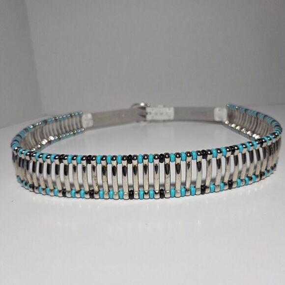IRO White Leather Belt Silver Studs Turquoise Black Bead Accents Edgy Boho Sz 80 main image 6